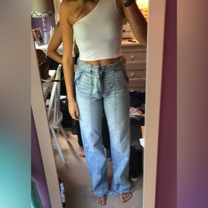 American Eagle Raw Hem Flare Belted Jeans Sz 4 Extra Long